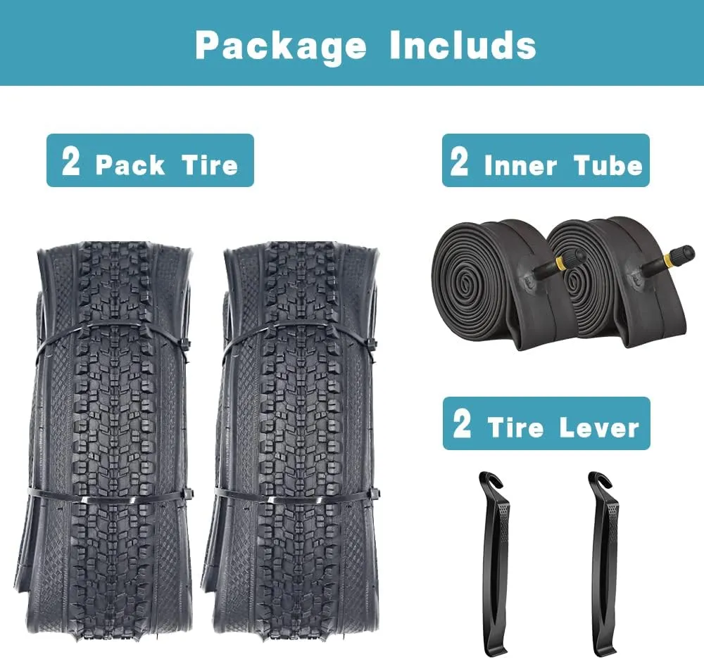 2 Pack 24"/26"x1.95" 26"x2.1" 20"x2.125" 27.5"x2.125" Inch Bike Tire Folding Bead Replacement Tire Double Packing for Mountain Bicycle Tire with or Without Tubes and Levers