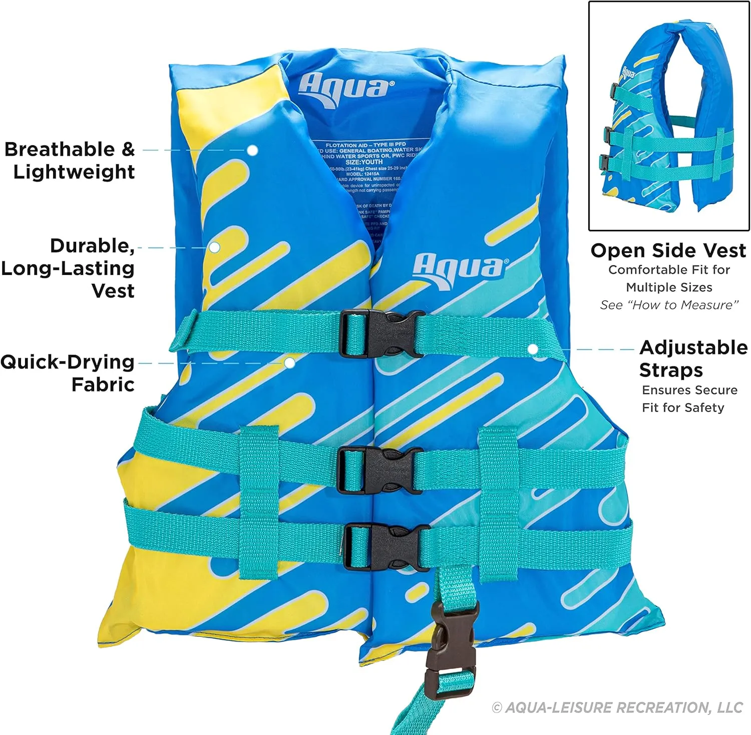 Aqua US Coast Guard-Approved Life Jacket, PFD with Comfortable Flex-Form-Fit Design, Infants/Kids/Youth