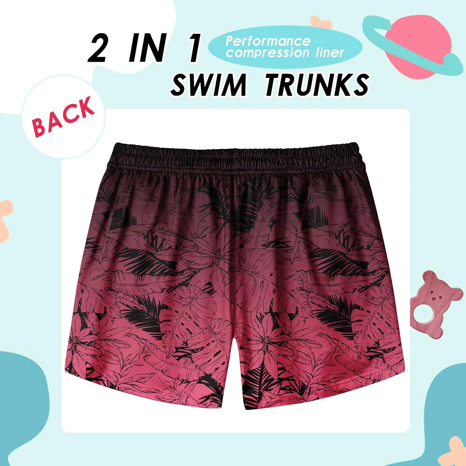 Boys Swim Trunks with Compression Liner Boys Stretch Swim Shorts Quick Dry 2 in 1 Beach Shorts 4-17 Y