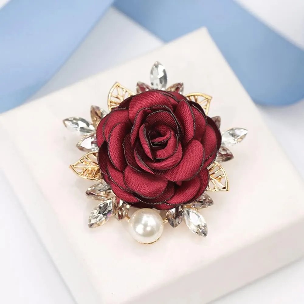 Elegant Rose Flower Brooch Pin for Women Men Wedding Party Gentleman's Essentials Handmade Crystal Pearl Fabric Flower Lapel Pin Dress Suit Accessories Boutonniere Ideas Gift