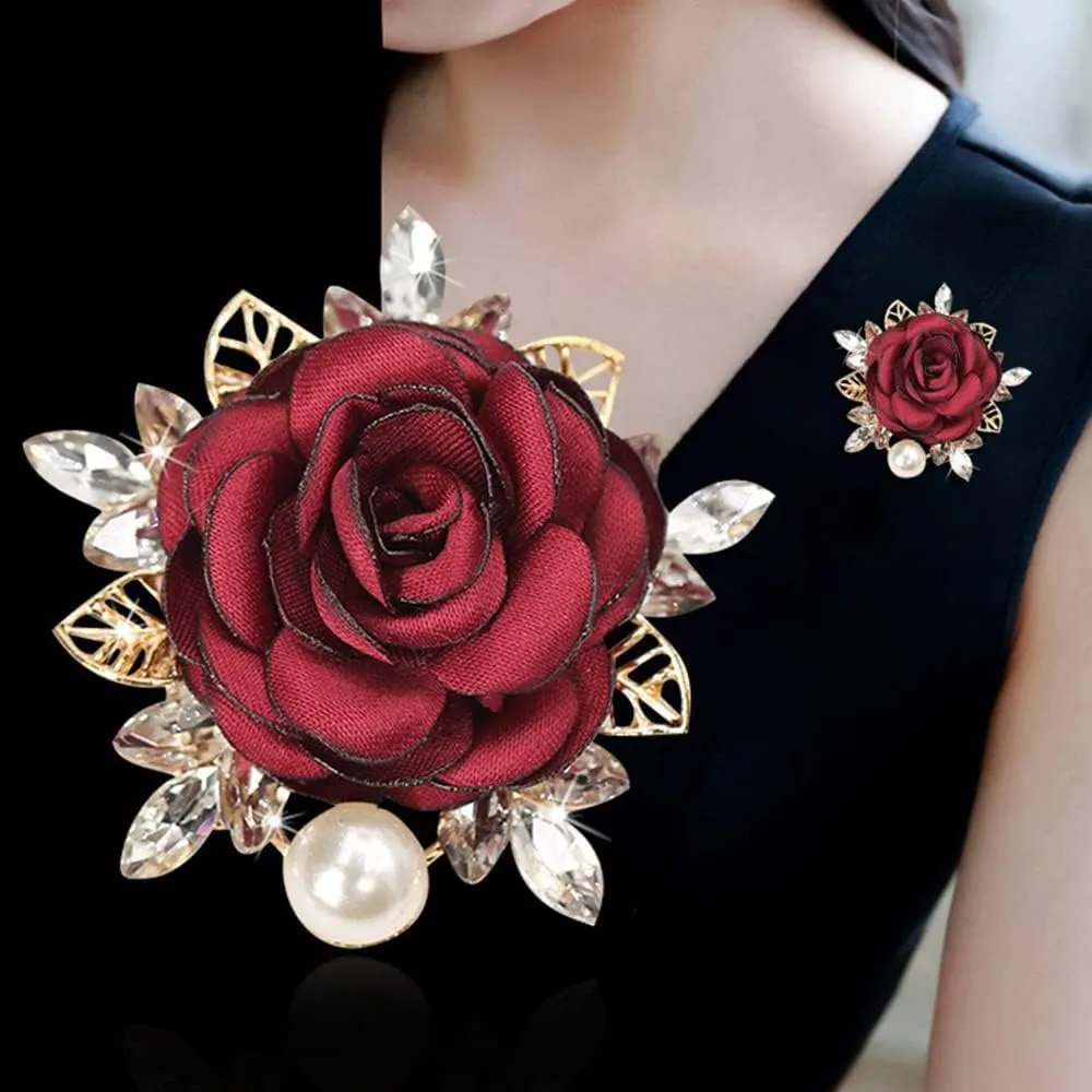 Elegant Rose Flower Brooch Pin for Women Men Wedding Party Gentleman's Essentials Handmade Crystal Pearl Fabric Flower Lapel Pin Dress Suit Accessories Boutonniere Ideas Gift