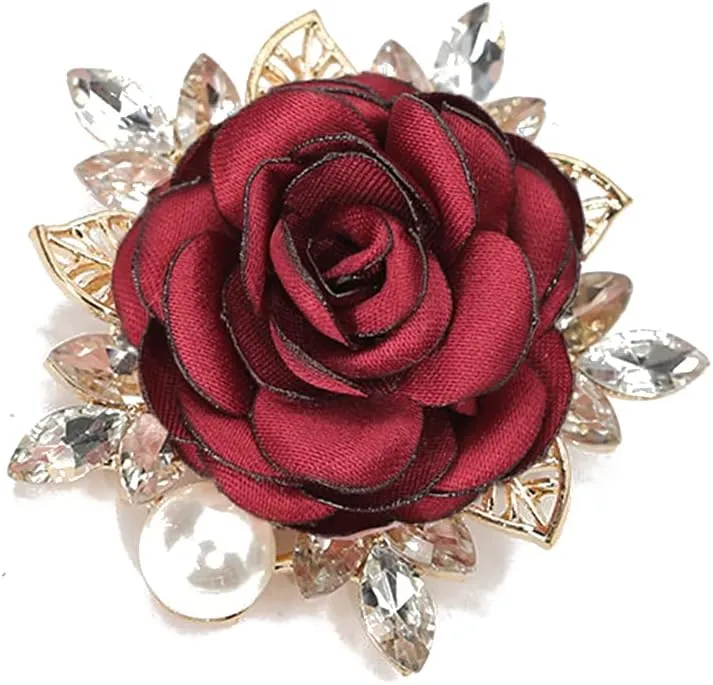 Elegant Rose Flower Brooch Pin for Women Men Wedding Party Gentleman's Essentials Handmade Crystal Pearl Fabric Flower Lapel Pin Dress Suit Accessories Boutonniere Ideas Gift