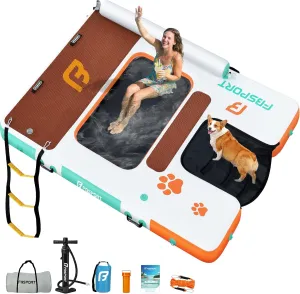FBSPORT Inflatable Floating Dock 8ft Dog Boat Ramp in One, Floating Dock Rafts Dog Pool Ramp with Water Hammock, Inflatable Island Platform Water Raft with Ladder for Pool Lake Boat