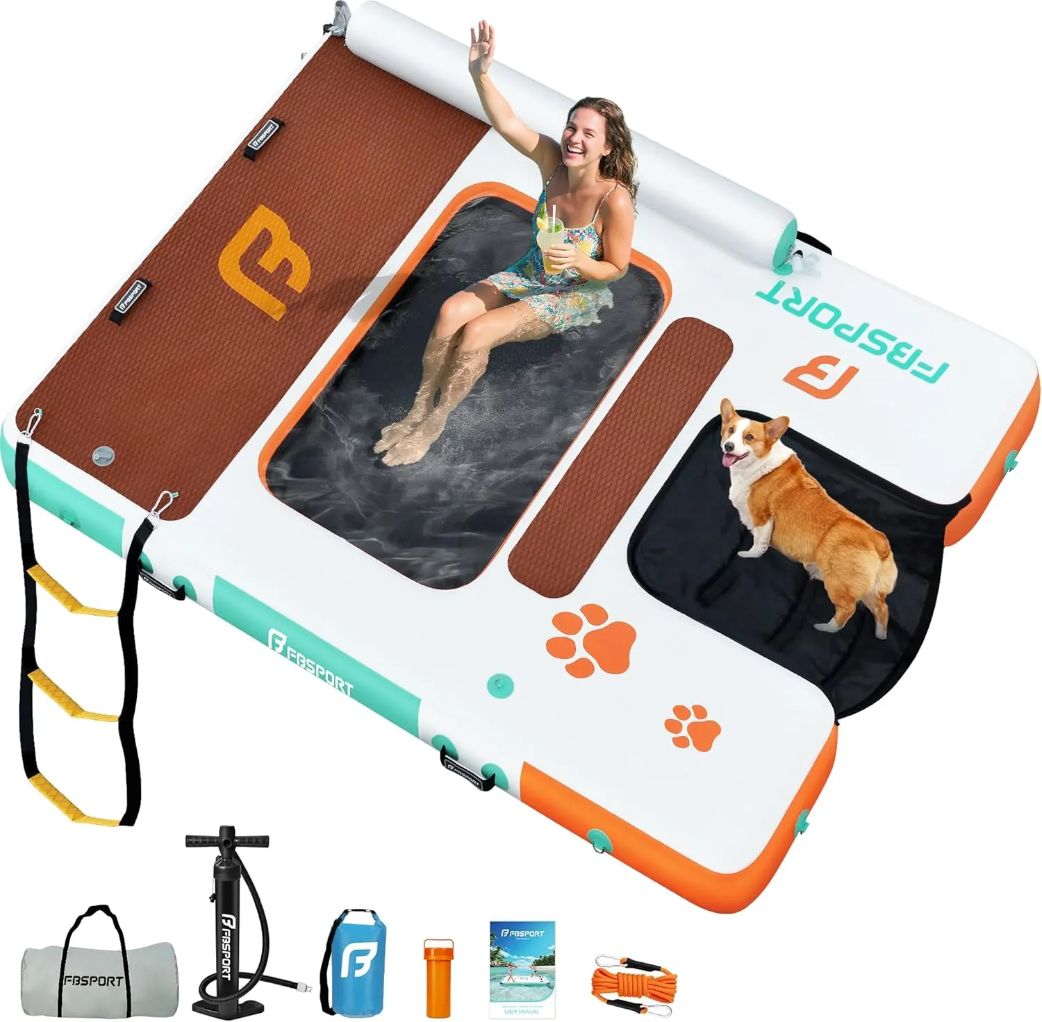 FBSPORT Inflatable Floating Dock 8ft Dog Boat Ramp in One, Floating Dock Rafts Dog Pool Ramp with Water Hammock, Inflatable Island Platform Water Raft with Ladder for Pool Lake Boat