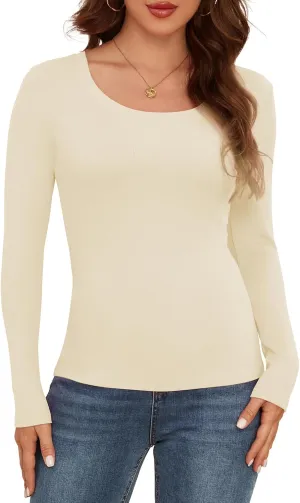 Long Sleeve Shirts for Women Scoop Neck Lightweight Stretchy Fitted Ribbed Basic Layer Tops Blouse