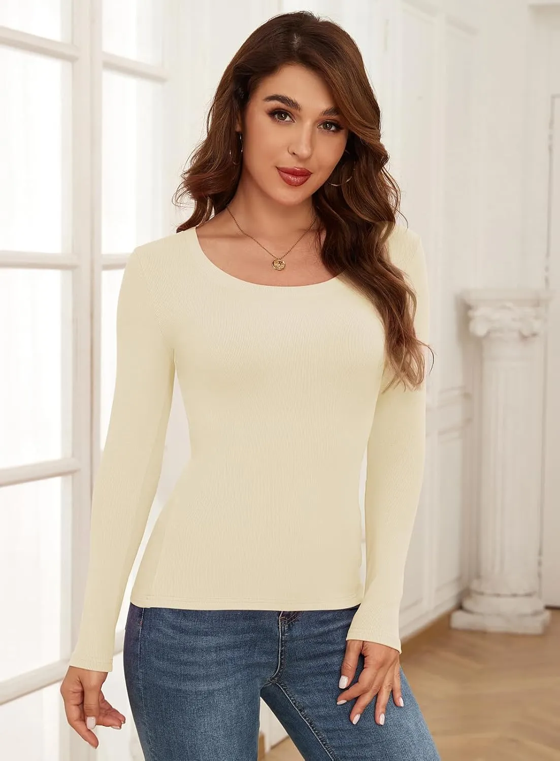 Long Sleeve Shirts for Women Scoop Neck Lightweight Stretchy Fitted Ribbed Basic Layer Tops Blouse