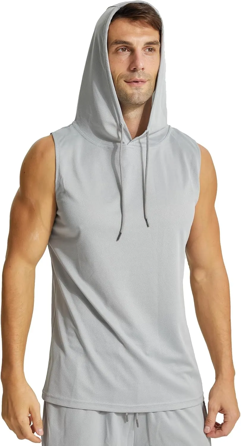 Mens Active Workout Hooded Tank Tops Sleeveless Quick Dry, Athletic Running Trainning Cut Off Muscle Gym Shirt