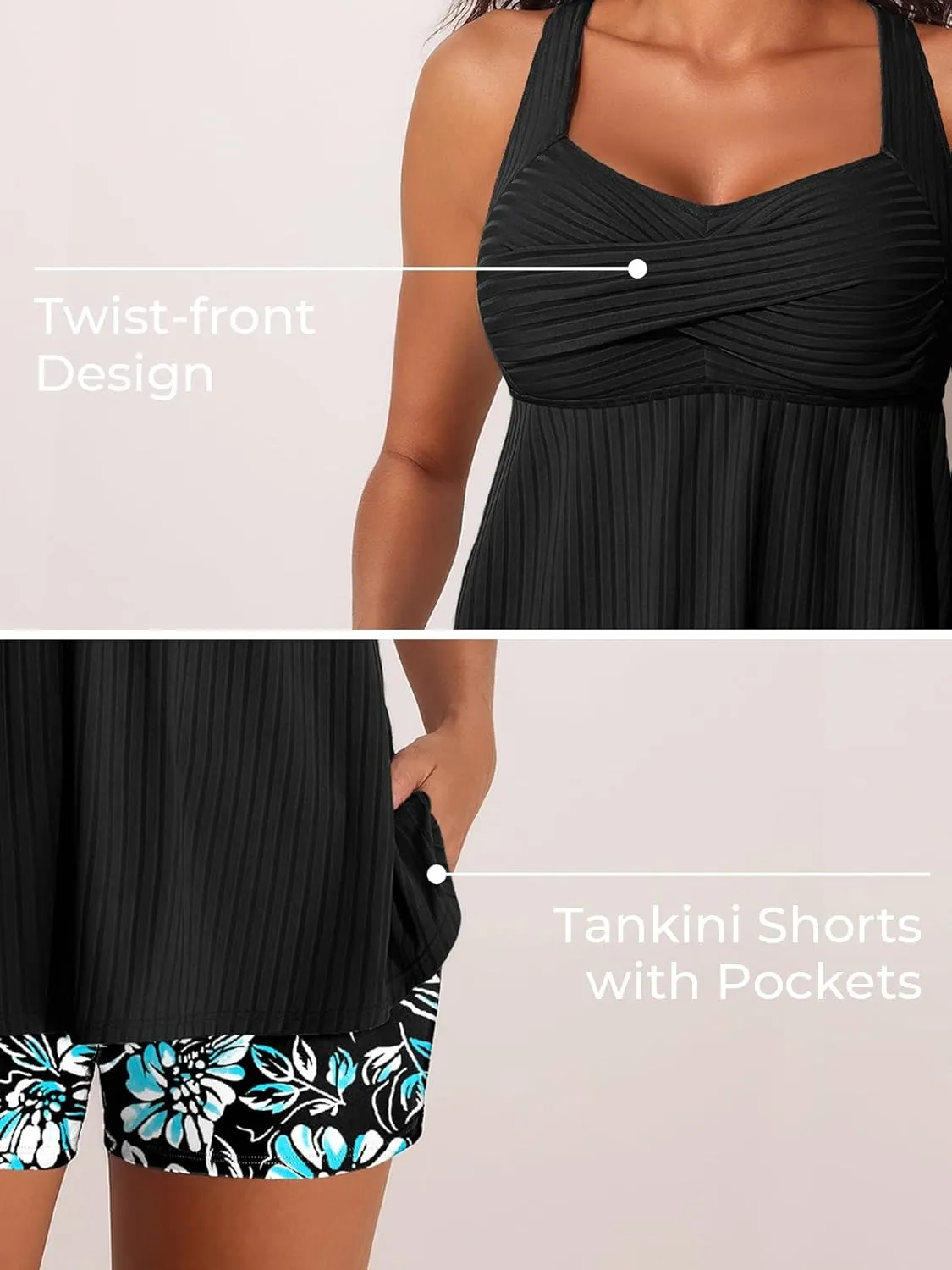 MiYang Tankini Swimsuits for Women 2025 Tummy Control Modest Flowy Two Piece Bathing Suits Top with Pockets Shorts