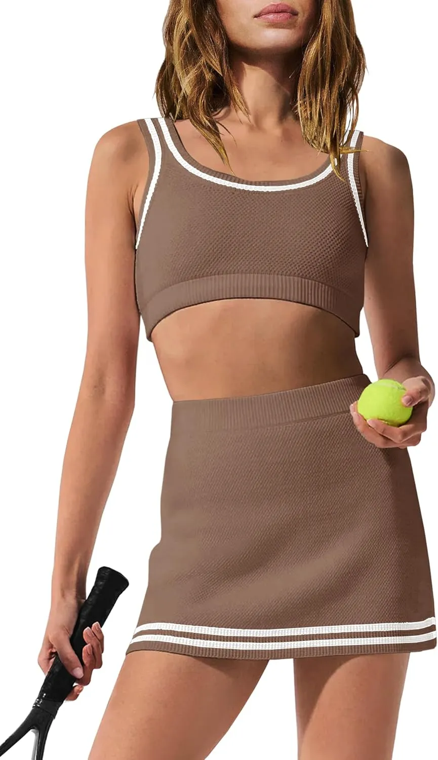 Panadila Womens 2 Piece Skirt Set Workout Outfits Tennis Skorts with Built-in Shorts and Sports Bra Gym Yoga
