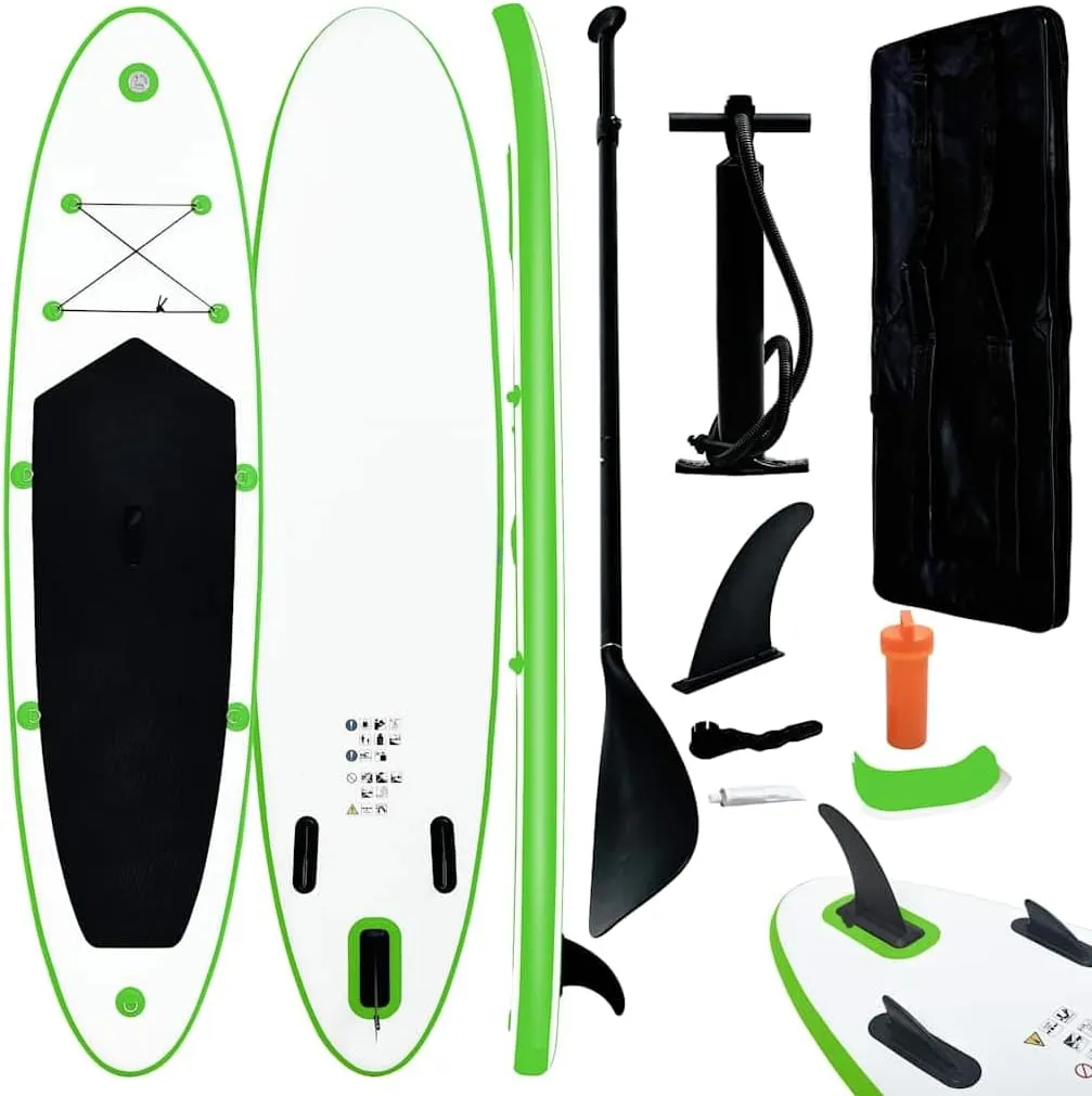 Puncture-Proof Inflatable Stand Up Paddleboard Set for Recreational Use, High Pressure Hand Pump Included, Green and White