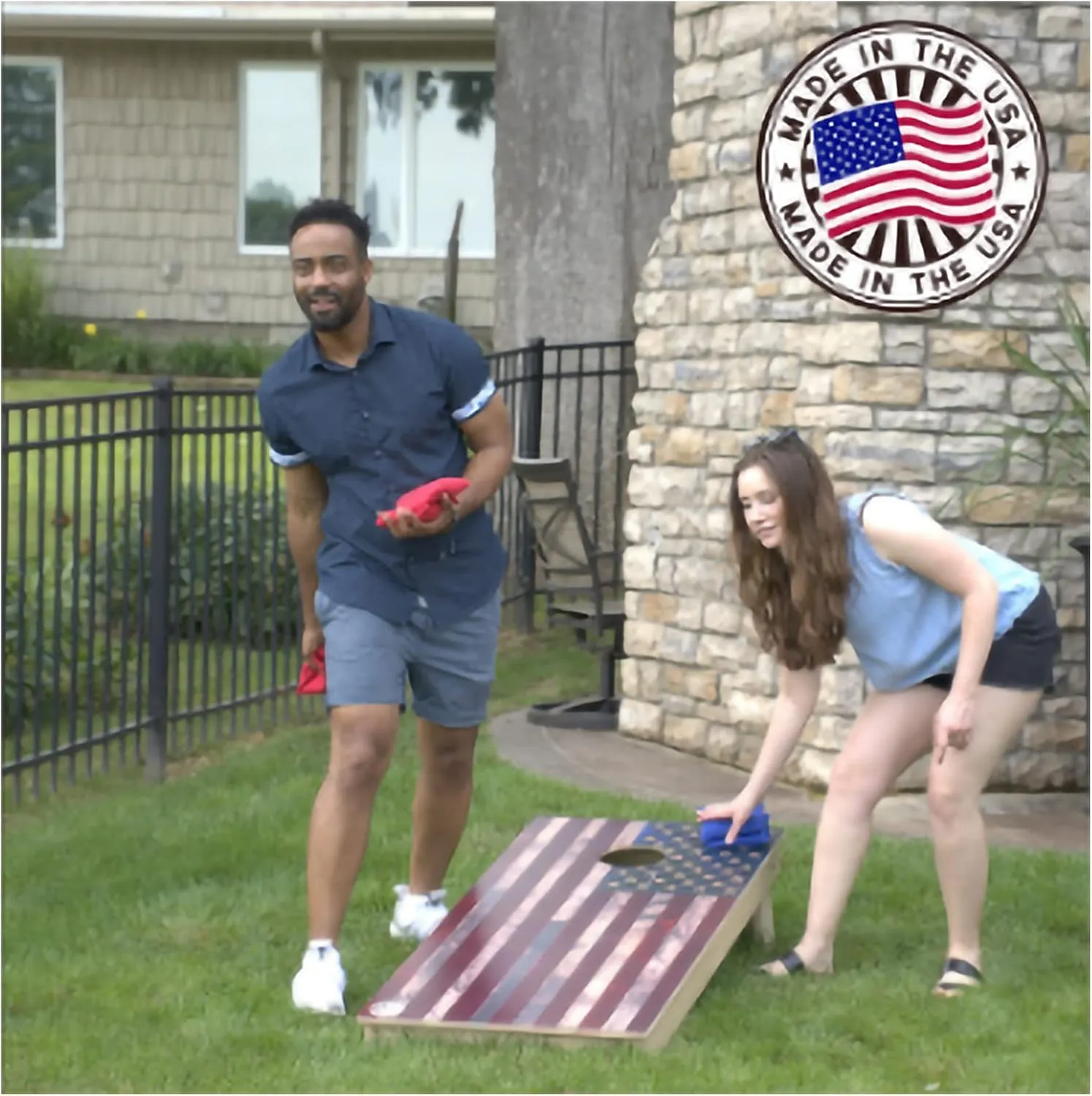 Slick Woody's Professional-Grade Cornhole Boards - 4'x2' Solid Wood Regulation Woodgrain Flag Corn Hole Toss Game with 8 Resin Filled Bags