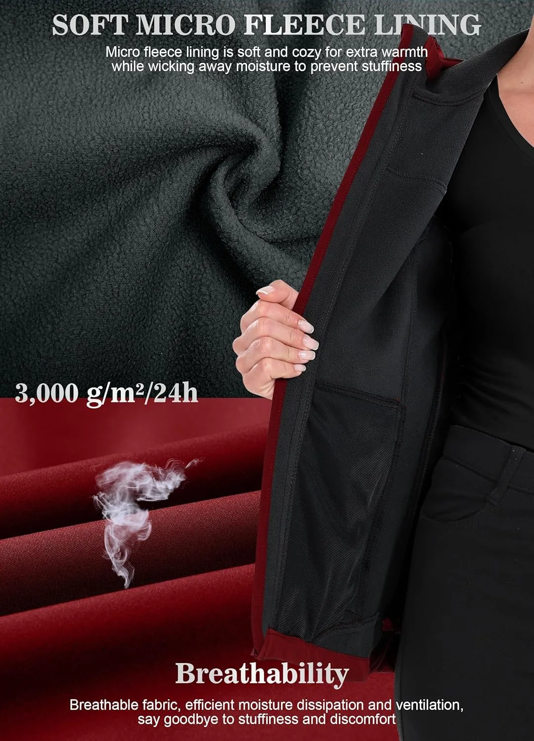 Women's Softshell Jacket Lightweight Fleece Lined Waterproof Coats Rain Jacket with Hood for Outdoor Hiking