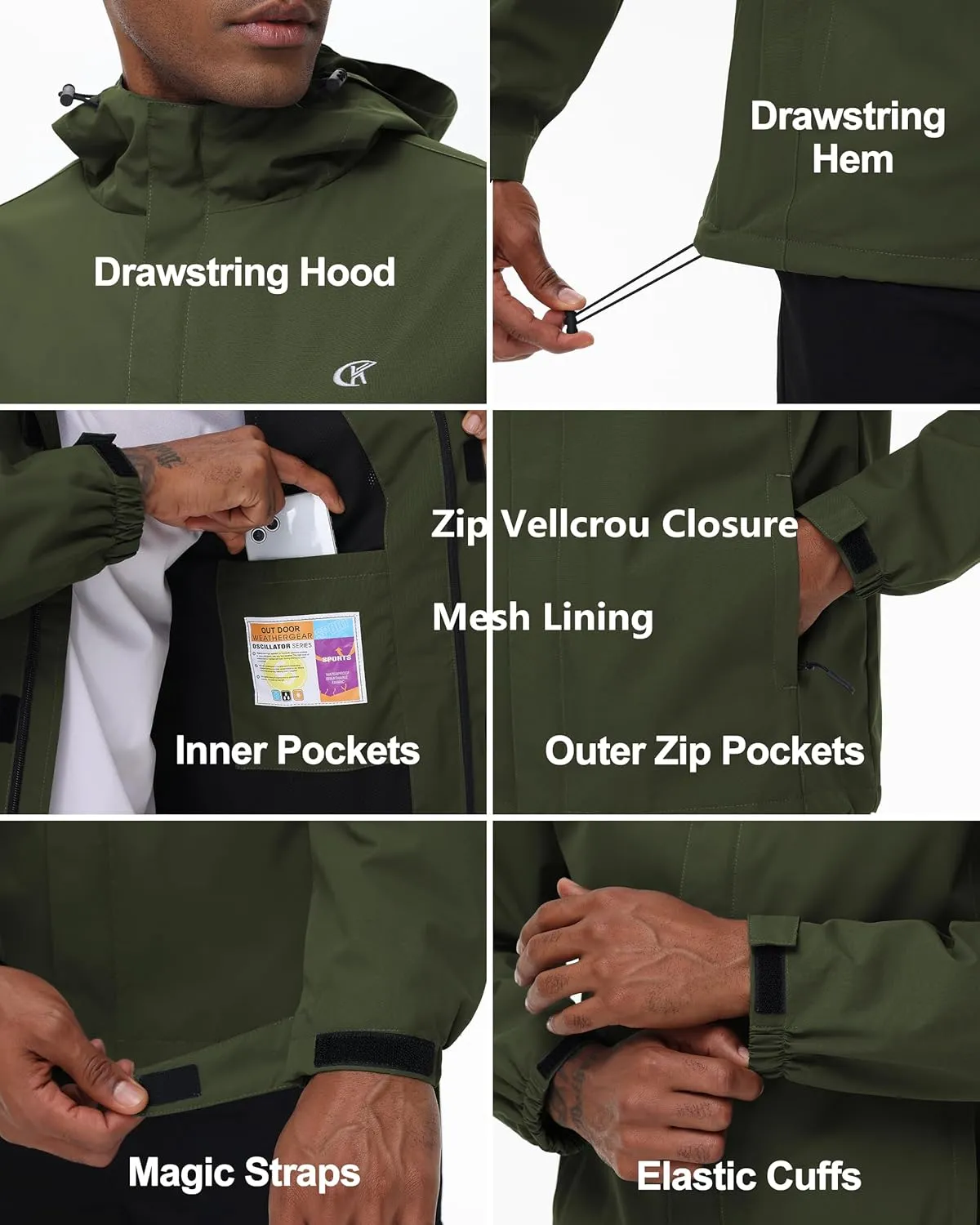 YuKaiChen Mens Rain Jacket Waterproof Hooded Windbreaker Jacket Lightweight Outdoor Hiking Shell Coat
